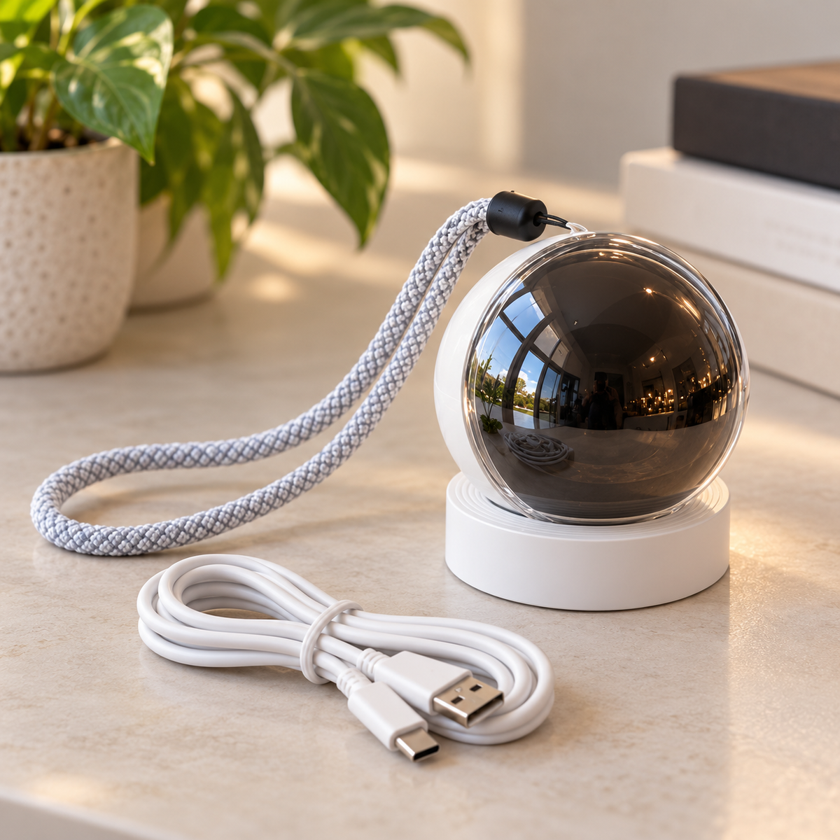The TimeTuck Memory Orb on its charging base with lanyard and USB-C cable, on a neutral shelf beside a plant