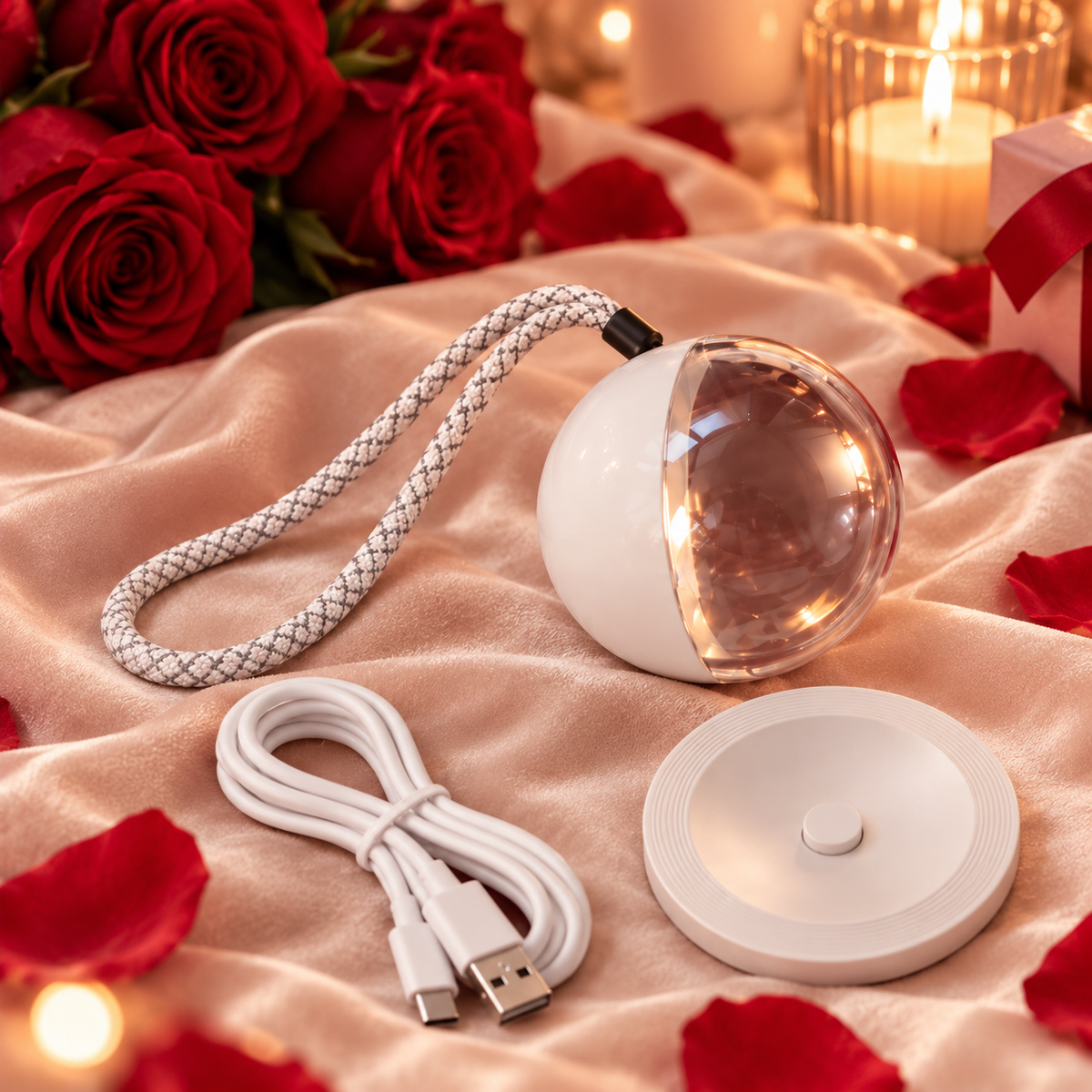 The TimeTuck Memory Orb with lanyard, charging base and cable among red roses and candlelight