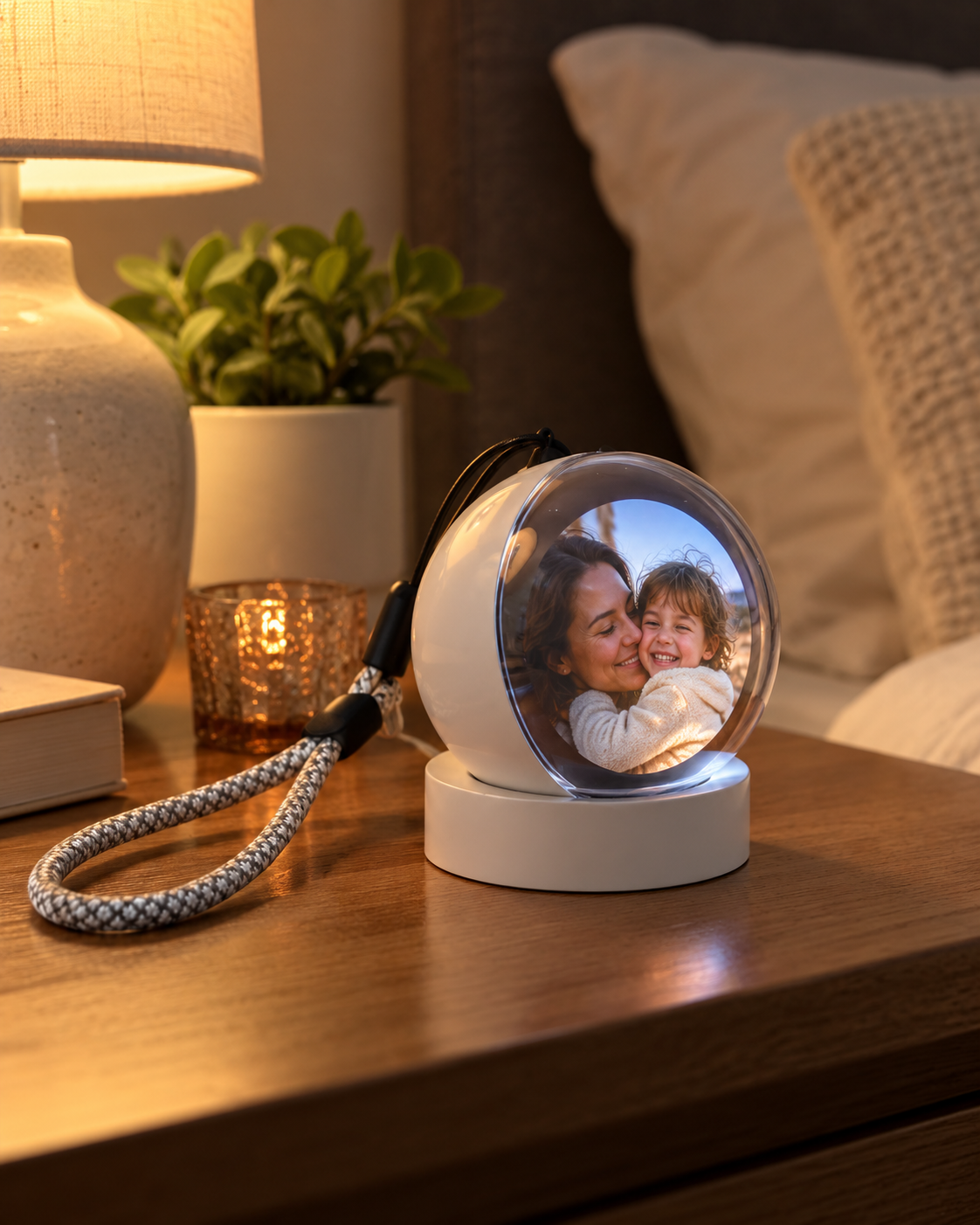 The TimeTuck Memory Orb on its base on a bedside table, showing a photo of a mother hugging her child